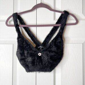 For Love & Lemons Fuzzy Knit Black V-Neck Crop Top Women's Size Medium M